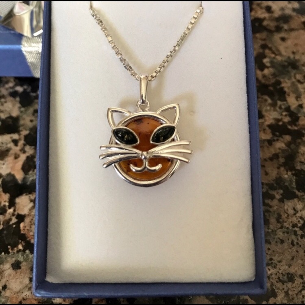STERLING SILVER GENUINE BALTIC AMBER CAT NIB